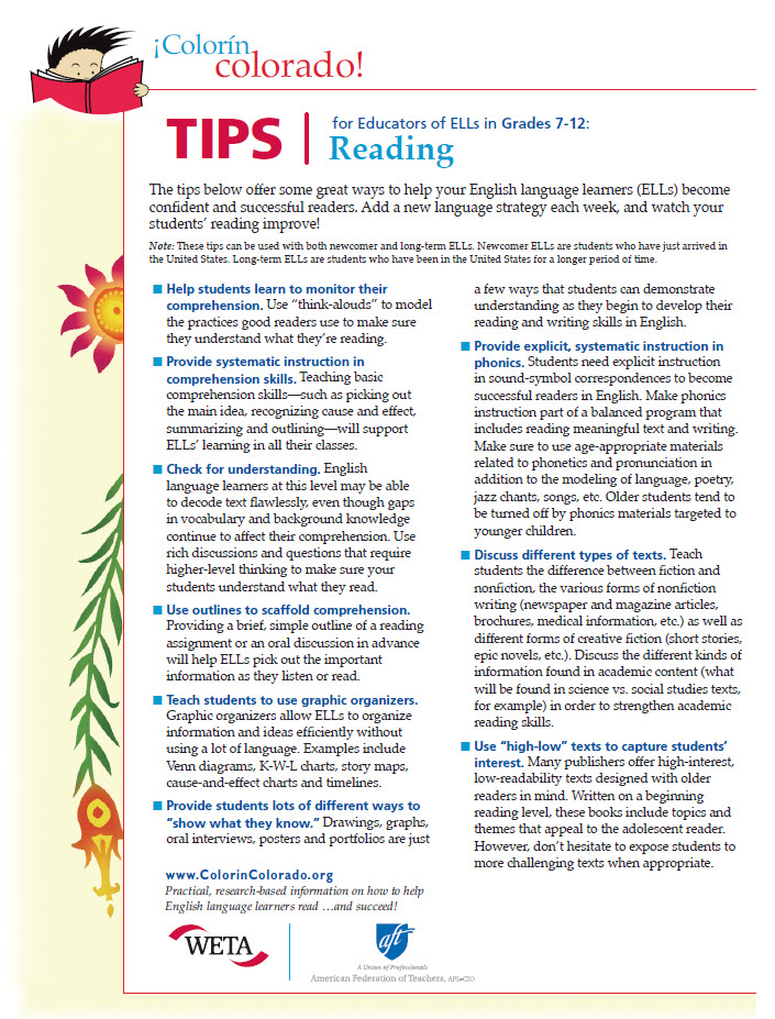 Reading 7-12 tip sheet