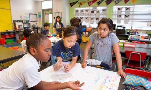 Students working on a group project together